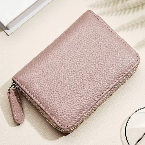 Vista 15 de Cartera de cuero genuino con bloqueo RFID, billetera con cremallera de lujo para mujeres con monedero, Color café, Classic