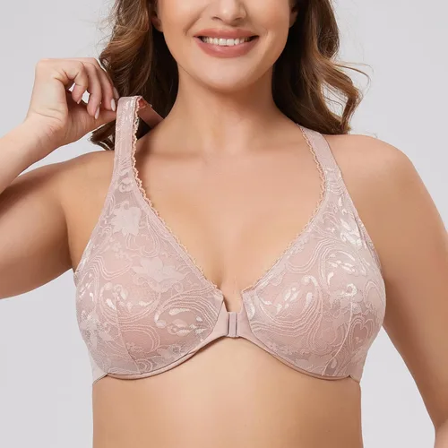 Vista 6 de MELENECA Brasier de encaje sin forro con espalda cruzada para mujer, talla grande, cierre frontal