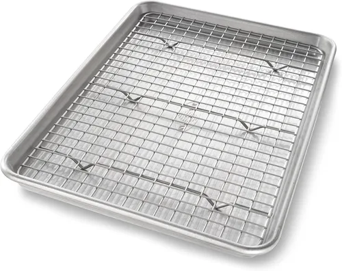 Vista 10 de Utensilio para horno lámina cuadrante USA Pan, lámina para hornear y juego de rejilla para enfriamiento antiadherente, metálico , set hojas/estante
