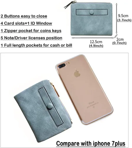 Vista 6 de AOXONEL Cartera pequeña de cuero plegable para mujer, mini monedero con cremallera, bolsillo para tarjeta de identificación, delgado y compacto