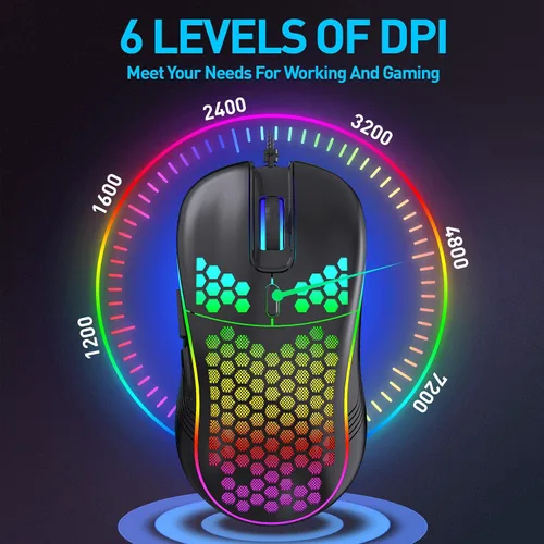 Vista 4 de JYCSTE Wired Gaming Mouse, Computer Mouse Ergonomic Mice Honeycomb Design with RGB Backlight, 6 Buttons, 7200 Adjustable DPI for PCMacLaptop