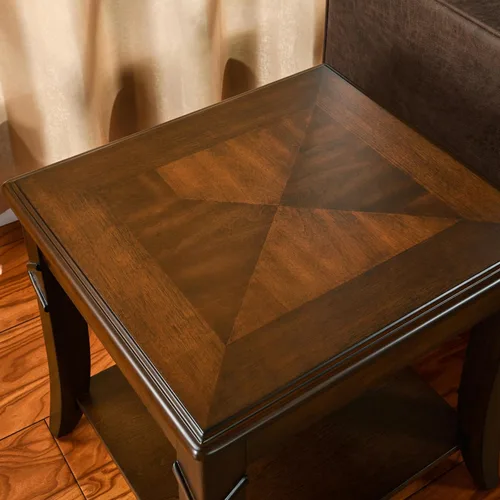 Vista 5 de Mesa auxiliar de madera maciza con estante de almacenamiento, mesa auxiliar rectangular vintage para sofá con mesa de empalme y patas talladas, mesa