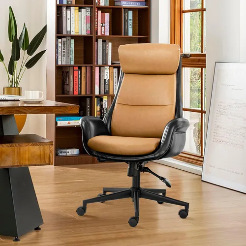 Vista 11 de Glitzhome Mid-Century Modern Air Leatherette Silla de trabajo ajustable giratoria con respaldo alto, silla de oficina para computadora con Negro