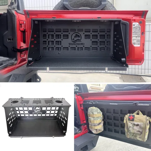 Vista 3 de Mesa plegable de 2 niveles para puerta trasera de campamento, estante de carga compatible con Jeep Wrangler JL 2018-2025