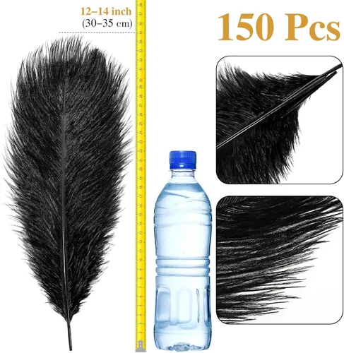 Vista 2 de Berlune 150 plumas de avestruz grandes a granel de 12-14 pulgadas (11.8-13.8 in), plumas de avestruz naturales para manualidades, manualidades, Negro