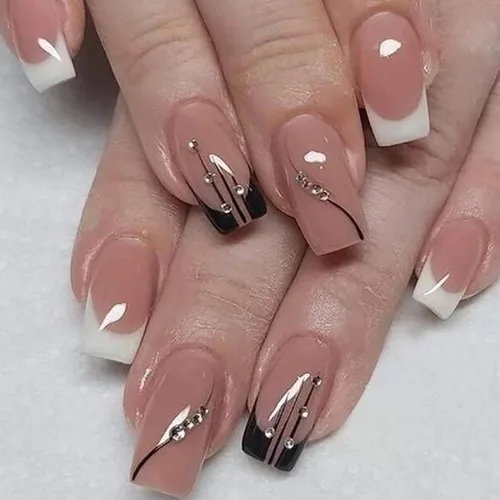 Vista 23 de 24 uñas postizas cuadradas de color negro brillante, de cobertura completa, con diseños de notas musicales, uñas postizas acrílicas con pegamento