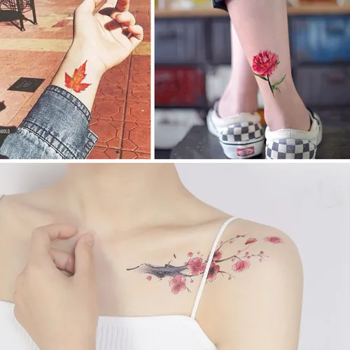 Vista 4 de Tatuaje temporal impermeable de 10 brazos rosa rojo rosa rosa flor grúa palabras + 7 hojas de cuello lindo hoja de nube