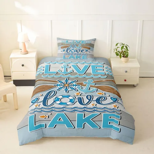 Vista 43 de Erosebridal Lake House Twin Bed Set for Boys Girls Kids, Blue and Beige Lakehouse 2Pcs Duvet Cover with Zipper, Rustic Farmhouse Bedding Sets