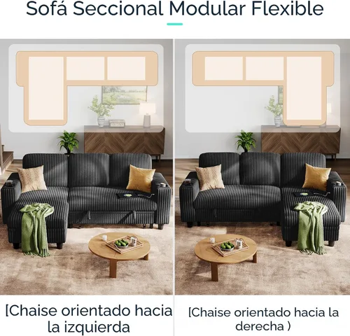 Vista 4 de LINSY HOME Sofá Cama Seccional Extraíble con Almacenamiento, Sofás Seccionales Modulares Extraíbles de Pana Suave para Sala de Estar, Sofá Cama