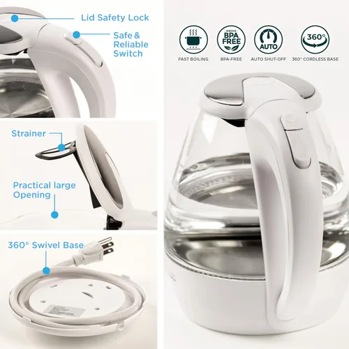 Vista 4 de Living Plus - Hervidor eléctrico de vidrio de 1,5 L, ebullición rápida, sin BPA, indicador LED, apagado automático