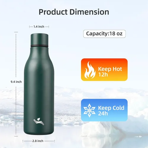Vista 2 de Konokyo Botella de agua aislada con correa, botella de agua de acero inoxidable de 18 onzas de doble pared con aislamiento al vacío, frasco de Verde