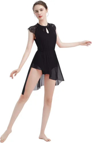 Vista 6 de ODASDO Elegante vestido de baile lírico para mujer, manga casquillo de encaje, falda de tul asimétrica, leotardo, disfraz contemporáneo, XS-XL