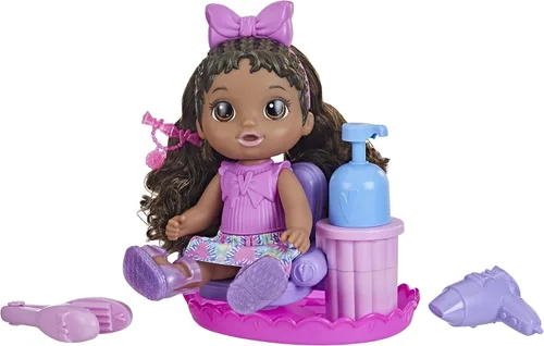 Vista 4 de Baby Alive Sudsy Styling Doll, pelo negro, incluye silla de salón de 12 pulgadas, juguetes para niñas y niños de 3 años en adelante