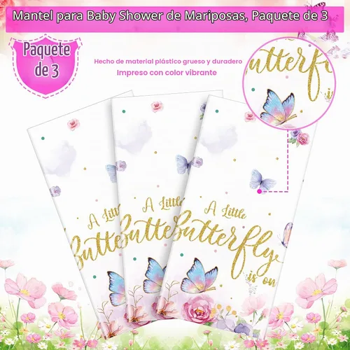 Vista 4 de FunnyPars Paquete de 3 manteles de mariposa para baby shower, decoración de baby shower, mantel rectangular desechable de plástico con temática