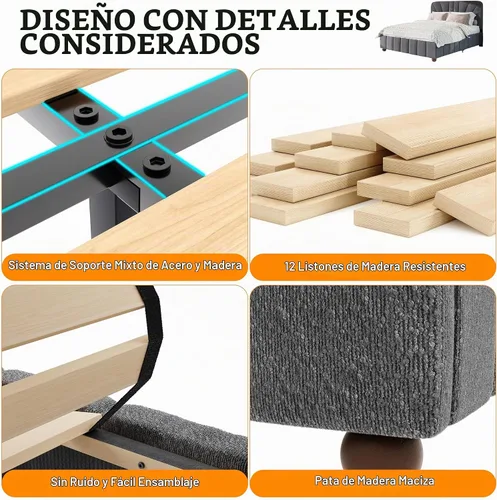 Vista 5 de Estructura de cama Boucle de tamaño matrimonial con cabecero ajustable tapizado gris