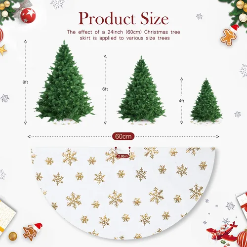 Vista 4 de Falda de árbol pequeña de 24 pulgadas, falda de árbol de piel sintética blanca de Navidad de 4 pies, mini copos de nieve de lentejuelas doradas