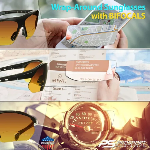 Vista 4 de proSPORT BIFOCAL - Lentes de sol para hombres y mujeres, bloqueo de luz azul, lente ámbar HD, semisin montura envolvente, conducción de golf