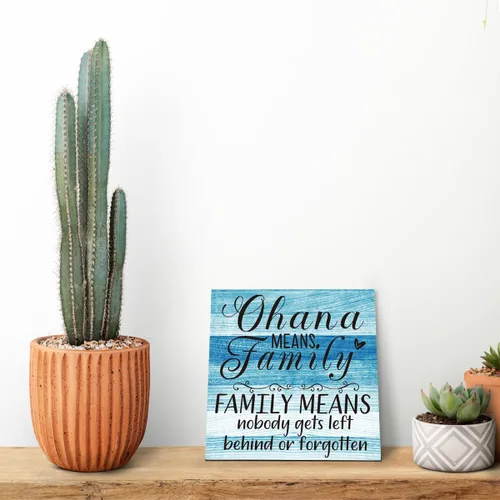 Vista 5 de Placa de Madera Familiar, "La Familia Significa Que Nadie Se Queda Atrás o Se Olvida", 15.7x15.7 cm Cartel de Arte de Mesa, Decoración de Cita