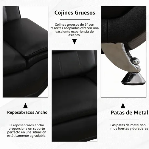 Vista 3 de Juego de sofá de 3 piezas para sala de estar, juego de sofá biplaza de piel sintética, estilo moderno, para sala de estar, apartamento, oficina Negro