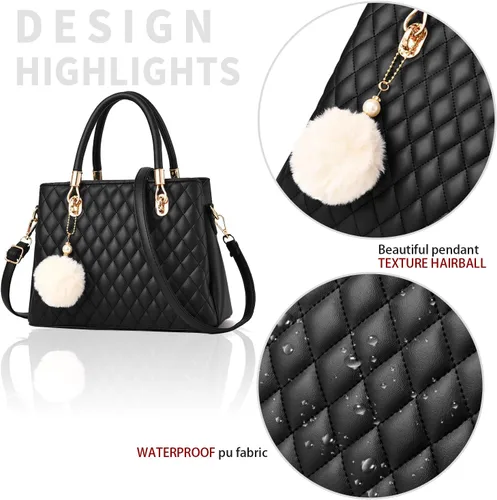 Vista 4 de Bolso de mano de cuero para mujer, bolso de hombro acolchado con asa superior para mujer con pompón