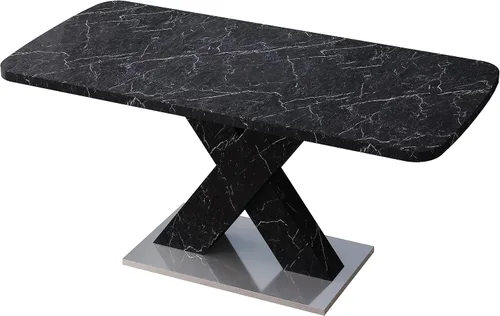 Vista 5 de Mesa de comedor cuadrada moderna, de 47.24 a 62.99 pulgadas de largo, elástica, con estampado de mármol negro + patas de mesa en forma de X de MDF