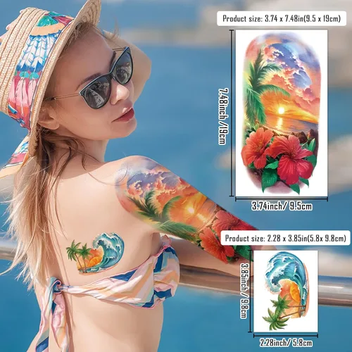 Vista 7 de 77 hojas de tatuajes temporales para mujeres y hombres, 17 hojas de tatuajes falsos de medio brazo de flores de playa, calaveras, atardeceres, 60
