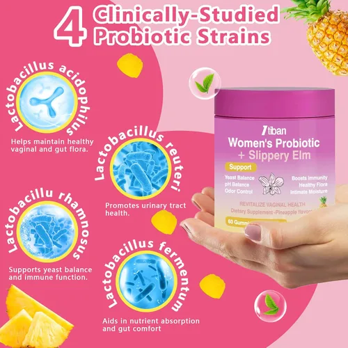 Vista 3 de Gomitas de probióticos vaginales femeninos, apoyan el equilibrio del pH y la salud digestiva, olmo resbaladizo para mujeres, sin suagr, veagn, sabor