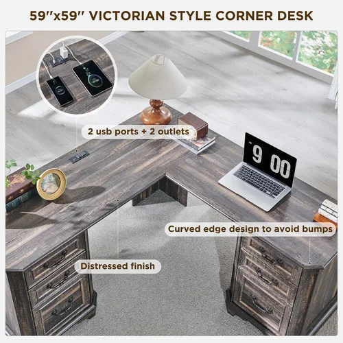 Vista 4 de T4TREAM - Escritorio ejecutivo en forma de L de 59 pulgadas con cajones, escritorio de computadora de madera estilo granja, con estación de carga