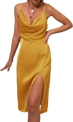 Vista 8 de LYANER - Vestido de satén para mujer, sin mangas, por debajo de la rodilla, con cuello drapeado, holgado y tirantes delgados, estilo camisola
