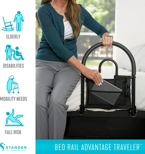 Vista 3 de Stander Riel de cama Advantage Traveler, barandilla plegable bariátrica con bolsa para adultos, personas mayores y ancianos, barandilla de seguridad
