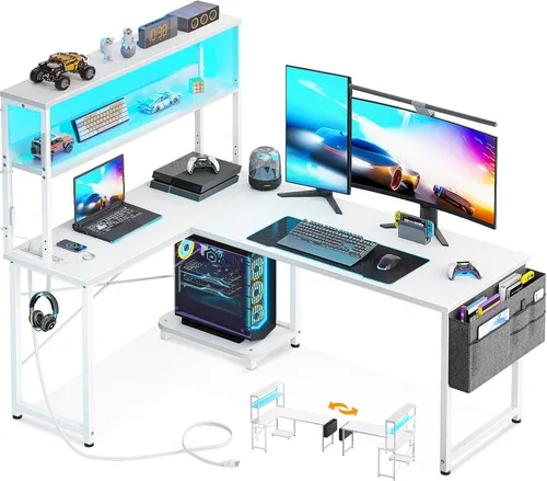 Vista 12 de AODK Escritorio en Forma de L para Gaming con Luz LED y Toma de Corriente, Mesa de Computadora Reversible en Forma de L de 43 Pulgadas con Estante