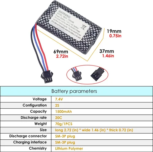 Vista 2 de 7.4V 1500mAh SM-3P Plug Batería de litio con cable de carga USB para DE43 DE60 RC Racing RC Car Battery 1575 Dump Truck Construcción Vehículo