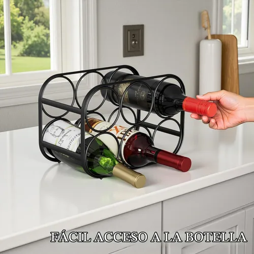 Vista 2 de Buruis Estante de vino para encimera de 6 botellas, soporte de botella de Negro