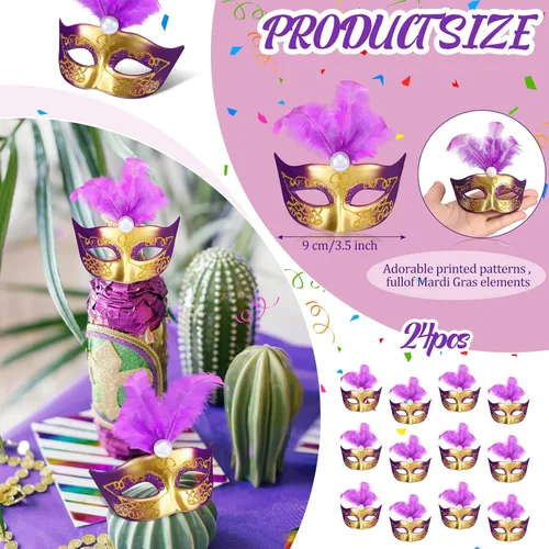 Vista 2 de 24 piezas de mini máscaras de máscaras, máscaras pequeñas para decoración de pasteles, Mardi Gras, centro de mesa veneciano para decoración