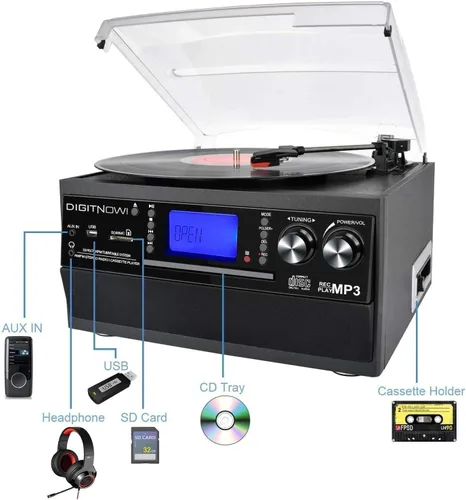 Vista 7 de FEKTIK Tocadiscos Bluetooth 10 en 1 con altavoz integrado, reproductor de discos de vinilo, casete de CD y radio FM, entrada AUX en salida RCA, USB