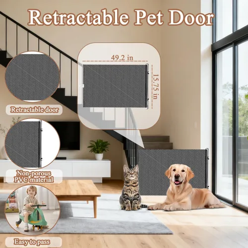 Vista 2 de Puertas retráctiles para mascotas, barrera retráctil extra ancha para mascotas, puerta a prueba de perros con 3 ganchos para puerta, cocina