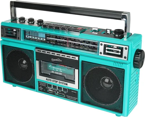 Vista 7 de Supersonic SC-3201BT - Boombox de radio de 4 bandas y reproductor de cassette, altavoz Bluetooth, radio AM/FM/SW con reproducción de MP3, tarjeta