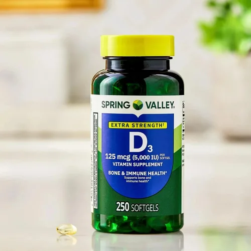 Vista 4 de Spring Valley Vitamina D3 5000 UI, suplemento de alta potencia para la salud ósea e inmunológica, 250 cápsulas blandas
