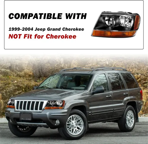 Vista 5 de SOCKIR Conjunto de faros delanteros compatible con Jeep Grand Cherokee 1999-2004 halógeno (carcasa negra, parte inferior ámbar, con bombillas)