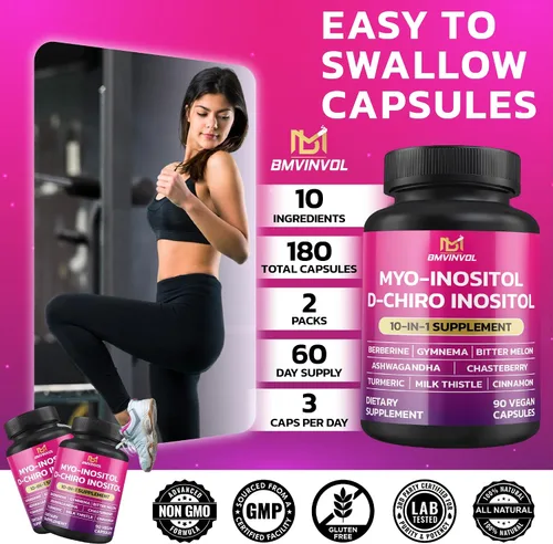 Vista 6 de BMVINVOL Paquete de 2 suplementos de inositol - Myo-Inositol y D-Chiro Inositol Ideal 40:1 Ratio - Más Berberina, Canela, Ashwagandha+5
