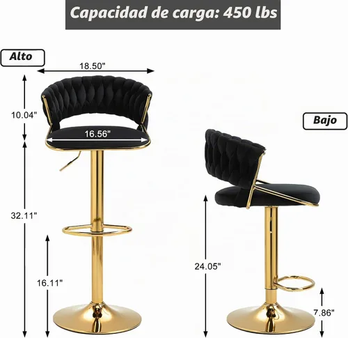 Vista 2 de Juego de 2 taburetes de bar giratorios de 360° con respaldo alto, silla de bar de terciopelo ajustable moderna de altura de mostrador, taburete