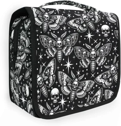 Vista 33 de MNSRUU Neceser colgante con diseño de calavera y girasol, bolsa de maquillaje de viaje para artículos de tocador, organizador de artículos