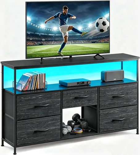 Vista 9 de EnHomee - Soporte de TV para dormitorio con LED y tomas, almacenamiento de 5 cajones, color negro