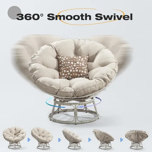 Vista 7 de Papasan - Silla con cojín, base giratoria de 360°, platillo grande, marco gris claro, poliéster beige