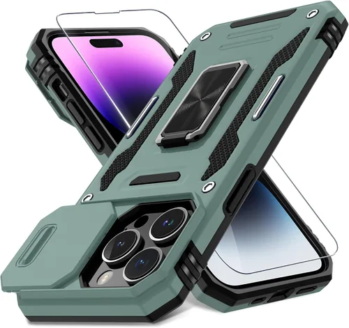 Vista 60 de DEERLAMN Funda para iPhone Xs Max con funda deslizante para cámara + protector de pantalla, soporte giratorio de anillo de grado militar a prueba