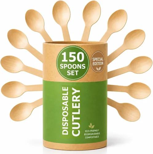 Vista 11 de Juego de cubiertos compostables de edición especial (150 piezas) – Juego de cubiertos de madera desechables – Alternativa al plástico, ecológico