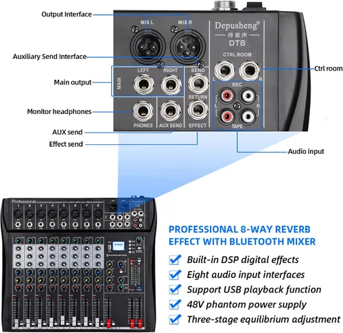 Vista 5 de Depusheng DT8 Mezclador profesional, tablero de sonido, consola de 8 canales, interfaz de sistema de escritorio, USB digital, entrada de computadora