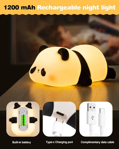 Vista 5 de Recolte - Bonita luz nocturna de panda con lazo de regalo, lámpara LED de silicona blanda para animales, luz regulable de 3 niveles para niños