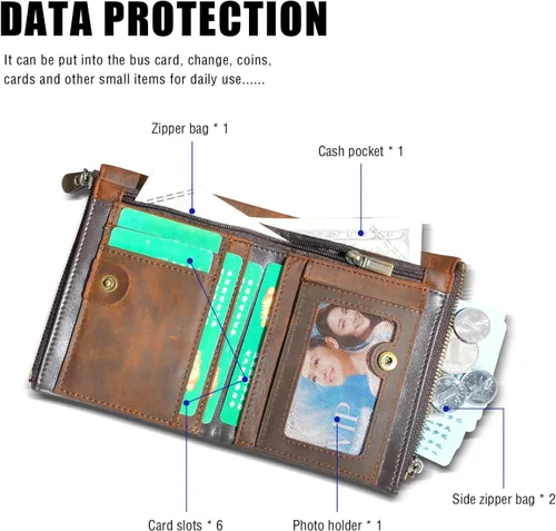 Vista 5 de Handadsume Genuino caballo loco cuero viaje regalo moneda bolsillo tarjeta caso largo organizador cadena Rfid monedero con broche para hombres