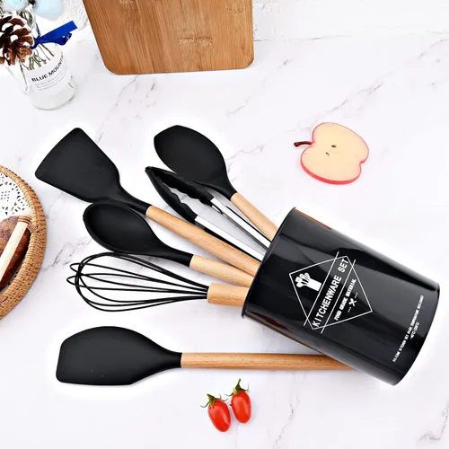Vista 4 de Juego de utensilios de cocina de silicona negra con soporte de cubo de almacenamiento, mango de madera antiadherente, utensilios de cocina